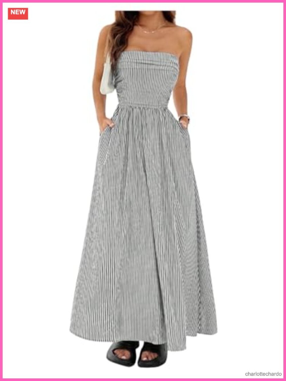 Striped Strapless Maxi Dress Casual Long Summer Sleeveless Smocked Waist